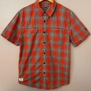 Helly Hansen Button Down Shirt Mens L Orange Plaid Short Sleeve Outdoor